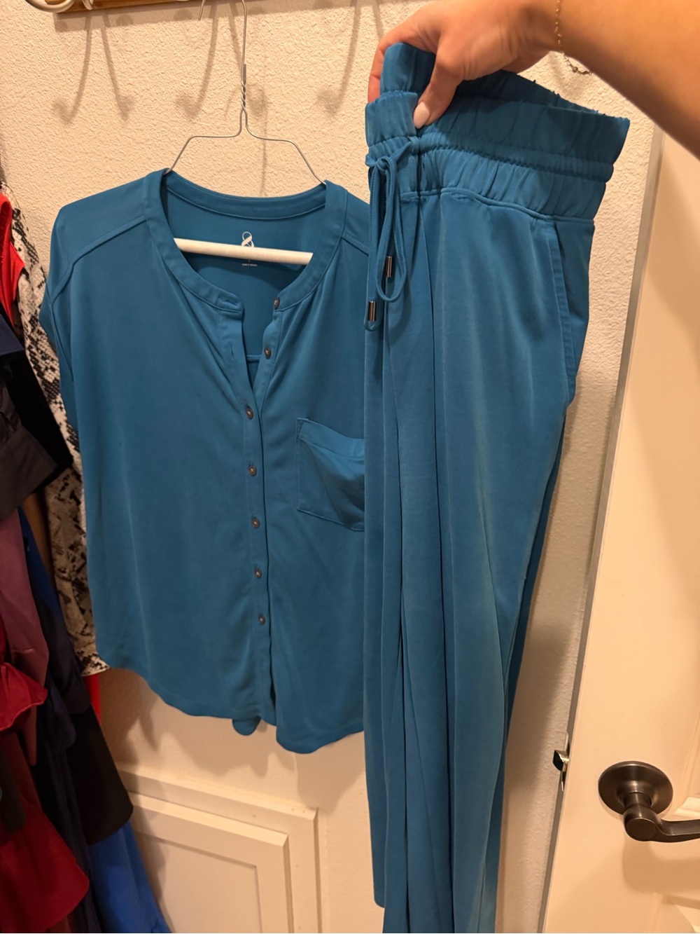 Lou & Grey Teal Button-Front Top with Drawstring Track Pants